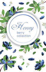 Vector honeyberry vertical banner. Design for packaging, advertising booklet, cosmetics, store, natural, organic, health care products, aromatherapy. Wedding invitation or greeting card.