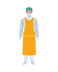 worker wearing biosafety suit yellow