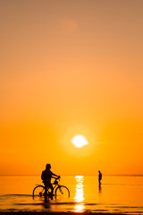 Silhuettes of few people walking distancing from each other along the shoreline in the shallows of the sunset. Restoring their nerves and mental health. Self care therapy