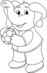 Coloring page outline of cartoon smiling cute elephant with the ball. Colorful vector illustration, summer coloring book for kids.