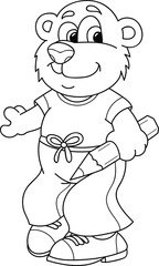 Coloring page outline of cartoon smiling cute bear with pencil. Colorful vector illustration, summer coloring book for kids.