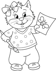 Coloring page outline of cartoon smiling cute beautiful cat artist. Colorful vector illustration, summer coloring book for kids.