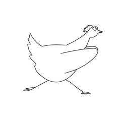 Funny Cartoon doodle running chicken. Black-white vector illustration isolated on white background.