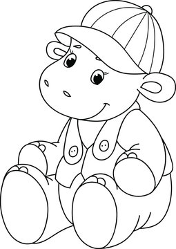Coloring page outline of cartoon smiling cute little hippo. Colorful vector illustration, summer coloring book for kids.