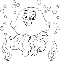 Coloring page outline of cartoon smiling jellyfish underwater. Colorful vector illustration, summer coloring book for kids.