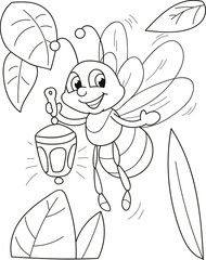 Coloring page outline of cartoon smiling cute insect in the night. Colorful vector illustration, summer coloring book for kids.