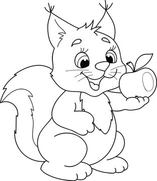 Coloring page outline of cartoon smiling cute squirrel with apple. Colorful vector illustration, summer coloring book for kids.