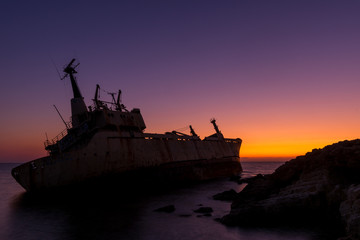 Fototapeta na wymiar edro 3 shipwreck near paphos cyprus on beautiful sunset colors