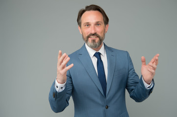 Formal teaching. Bearded man wear formal suit. Coach or teacher in formal style. Formal work fashion. Business outfit. Professional attire. Dress code. Formalwear