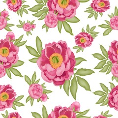 Pattern with pink peonies and green leaves isolated on a white background, stock vector illustration with 3D effect, postcard, banner, poster, fabric, packaging