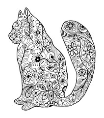Hand drawn doodle outline vector cat illustration. Abstract kitten decorated with flowers and leaves doodles.