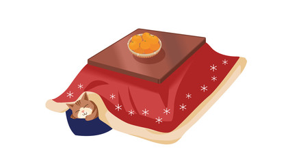 こたつにみかんと眠るネコ