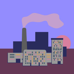 Modern city sunset landscape. Technology concept vector design. Environment pollution. Evening sky. Skyline with a smoking plant chimney at dusk.
