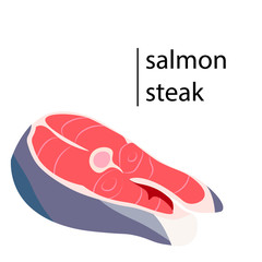 Salmon red fish steak for sushi food menu vector illustration. Isolated white background.
Raw Salmon Steak, Flat Vector Illustration With Fish Meat.
