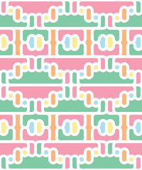 Seamless vector pattern in soft pastel colours of pink, blue, green, yellow and orange with white outlines. Cute abstract design reminds of candies and marshmallow. Sweet and feminine.