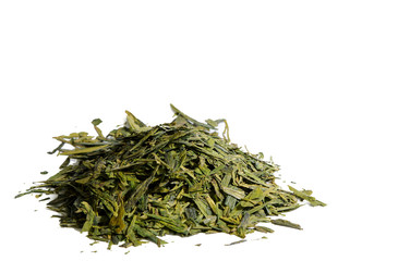 Organic Dragon Well Long Jing Green Tea Loose Leaf Chinese Tea Isolated on White