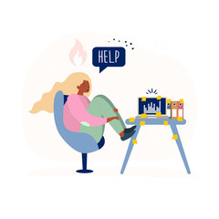 Emotional burnout. A tired female employee is sitting at the table. Burnout of the employee.Hard work. Long working day in the office. Mental health problem. Flat vector illustrations.