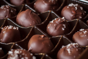 close up of chocolate candies salted
