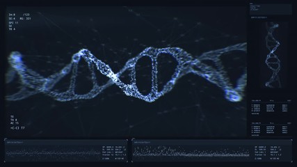 Genome analyzing. DNA structure research. Interface concept. Biochemistry statistics, data and charts displayed on a modern high-tech laboratory screen. Genes, genetic disorders. Health data. 4K Clip - Powered by Adobe