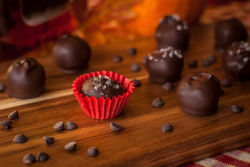 chocolate candies on a wooden table