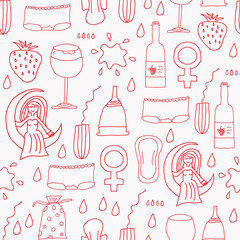 Vector repeating pattern, menstruation period symbols as knickers, glass of red wine, tampons, pads, moon, woman, blood, strawberry.