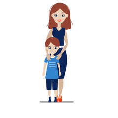 Happy mother with a son outside smile. Family in the fresh air. School teacher with a little student in blue clothes. Isolated objects on a white background. Vector illustration in flat cartoon style.