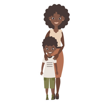 Happy mother with son outside smiling. Family outdoors having fun in the summer. Attractive afro american woman. Vector flat cartoon style. Isolated object on a white background. Trend colors.
