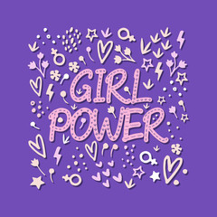 Girl Power is a flat vector illustration with many graphic elements. Feminism quote. Women's motivational slogan. Lettering for t-shirts, posters, and postcards.