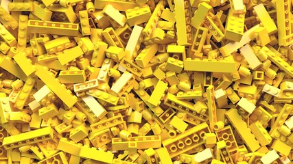 Pile of yellow toy bricks in different sizes. 3d rendering