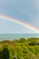 A rainbow visible in the distance over a lake. Trees in the foreground in focus.