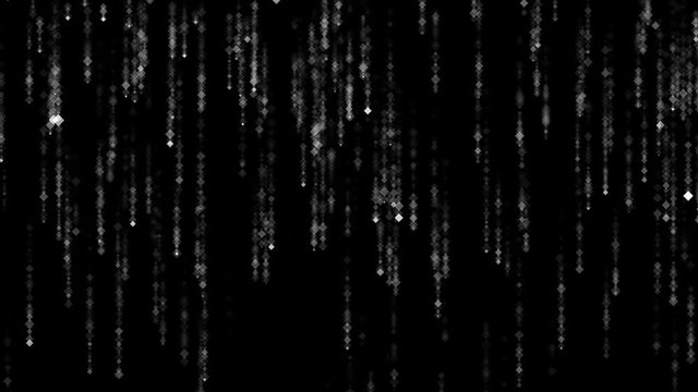 Abstract background. Motion Graphic of Twinkling, glittering, white, rhombus shape particles falling down with matrix effect on black background.