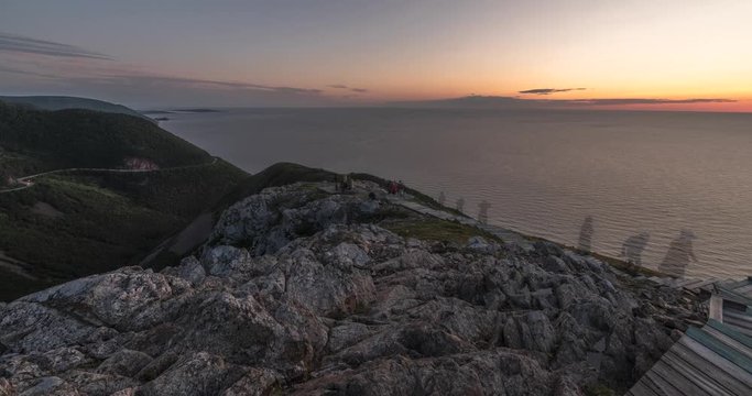 Cape Breton Highlands National Park, Nova Scotia, Canada. Skyline Trail off the Cabot trail, Sunset time lapse. Includes 2 versions - 1 stationary and one with a zoom out using full res of image.