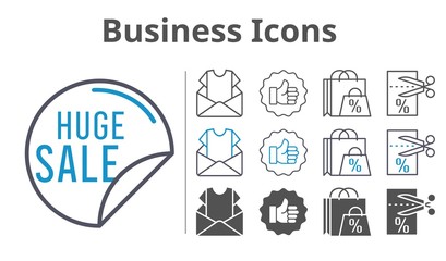 business icons icon set included newsletter, shopping bag, sale, like, voucher icons