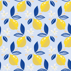 Geometric lemon pattern mediterranean modern summer citrus repeating design. Hand drawn bright textured citrus fruit pattern with leaf and bud on blue background. Classy simple summer backdrop.