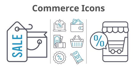 commerce icons set. included shopping bag, online shop, wallet, money, discount, shopping-basket, trolley icons. bicolor styles.