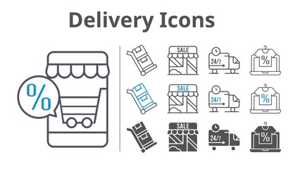 delivery icons icon set included online shop, shop, delivery truck, trolley icons