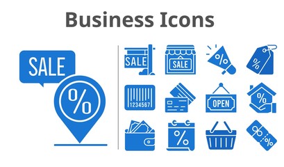 business icons set. included calendar, megaphone, shop, wallet, discount, shopping-basket, sale, mortgage, price tag, placeholder, credit card, barcode, open icons. filled styles.