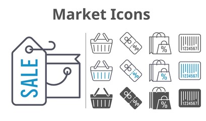 market icons icon set included shopping bag, discount, shopping-basket, barcode, shopping basket icons
