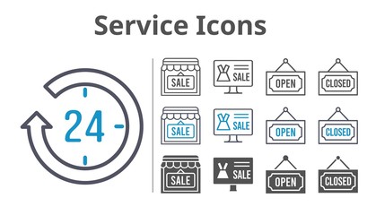 service icons icon set included online shop, 24-hours, shop, closed, open icons