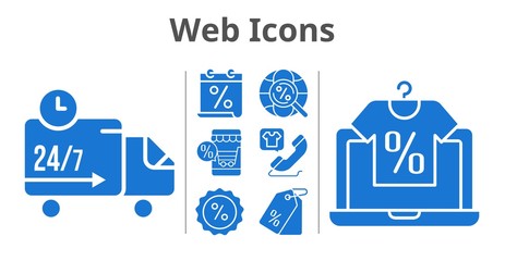 web icons set. included calendar, online shop, price tag, discount, phone call, delivery truck, internet icons. filled styles.