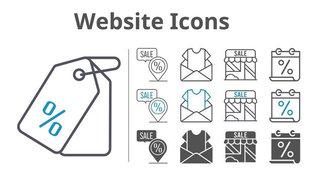 website icons icon set included calendar, newsletter, shop, price tag, placeholder icons