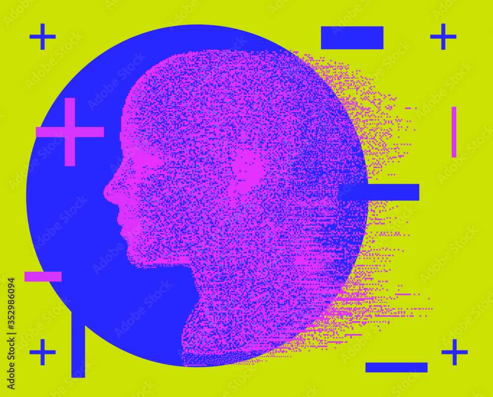Poster Artificial intelligence and Psychological profiling concept. Distorted profile of a woman made of particles. Vaporwave and cyberpunk style collage made in pixel art technique.