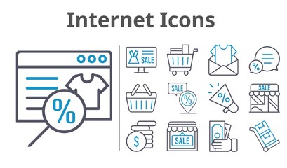 internet icons set. included online shop, newsletter, megaphone, shop, money, chat, shopping cart, shopping-basket, placeholder, trolley icons. bicolor styles.