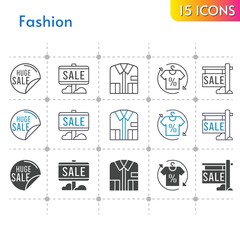 fashion icon set. included sale, shirt icons on white background. linear, bicolor, filled styles.