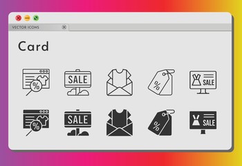 card icon set. included online shop, newsletter, sale, price tag icons on white background. linear, filled styles.