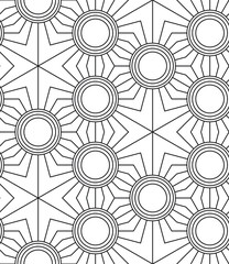 Geo seamless pattern with circles and thin lines, simple monotone ornament, seamless fabric print,  geometric background, vector illustration