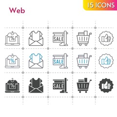 web icon set. included online shop, newsletter, sale, like, shopping cart icons on white background. linear, bicolor, filled styles.