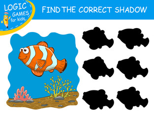Find the correct shadow Clown fish. Cute cartoon tropical fish on colorful background. Educational matching game with fun character. Logic Game for Kid. Learnig card for child kindergarten or school