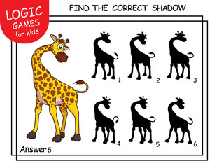 Find the correct shadow Giraffe. Cute cartoon Giraffe. Educational matching game for children with cartoon character. Logic Games for Kids. Learning card with task for child preschool and kindergarten