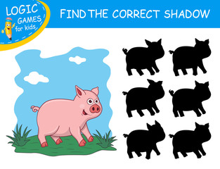 Find the correct shadow the Pig. Cute cartoon pig on colorful background. Educational matching game for child with fun character. Logic Games for Kids. Learnig card for kindergarten or school.